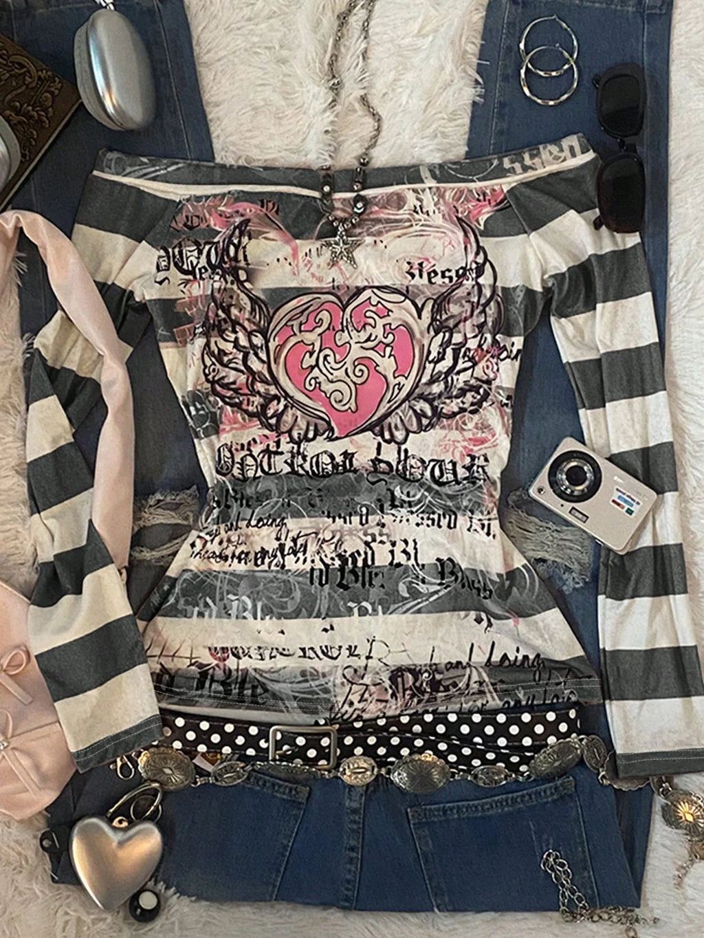 Women's Y2K Sweet 2000S Pink Angel Heart Print,  Striped One-Shoulder