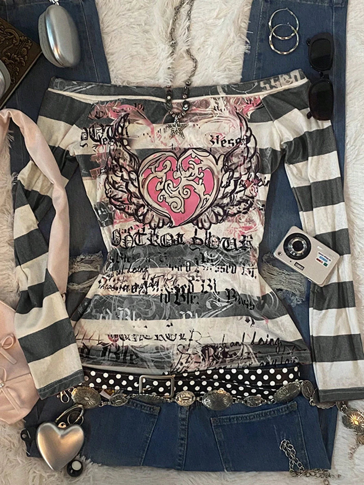 Women's Y2K Sweet 2000S Pink Angel Heart Print,  Striped One-Shoulder