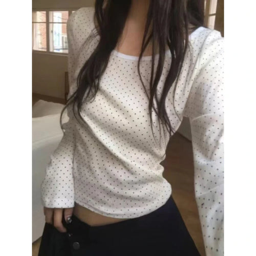Deeptown Korean Style Polka Dot T-shirts Women Sweet Cute Long Sleeve