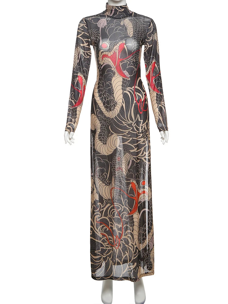 Nibber See Through Blouse Women Snake Print Half-High Neck Long