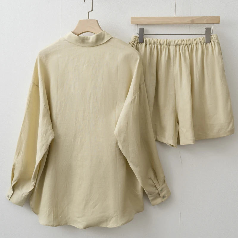 Women 2025 Summer Casual Linen Blouse Shorts Sets
