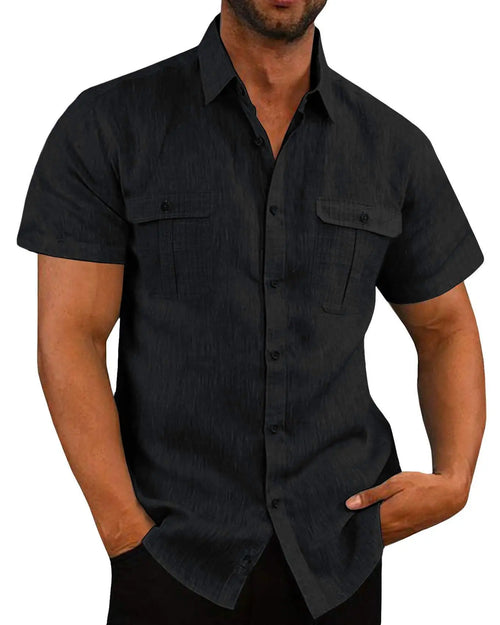 Men's Short Sleeve Linen Blend Button Down Shirt with Double Chest