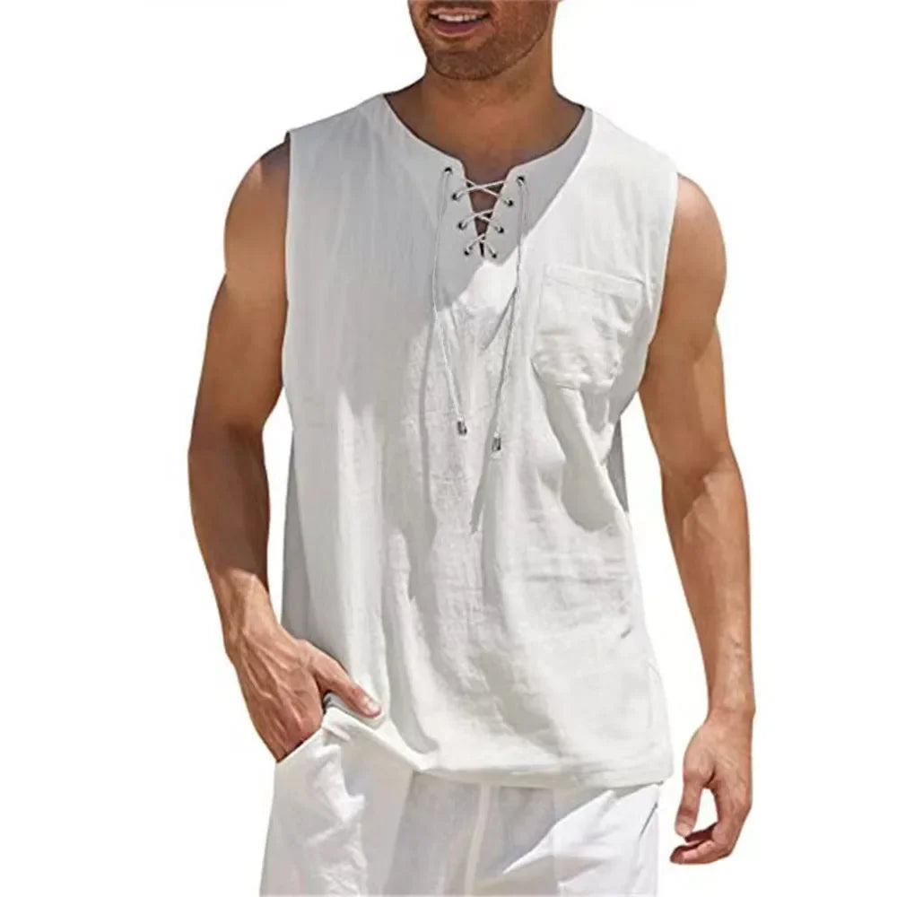 Cotton Linen Shirts Men's Casual Sleeveless Vest Lace Up Shirts Retro