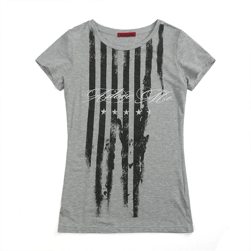 Karrcat Trashy Y2k Striped Letter Print T-shirt Grunge Aesthetics