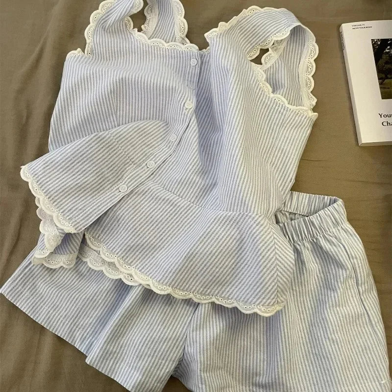 Summer Stripe Sleepwear Women Home Clothes Vest Set Lace Trim Cotton