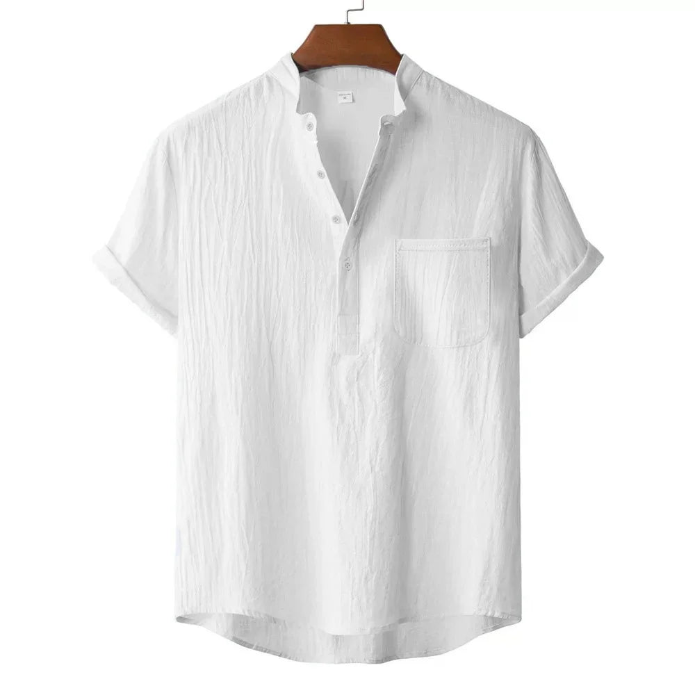 Men's Summer Cotton Linen T-shirt Beach Style Short SLeeve Henley Neck