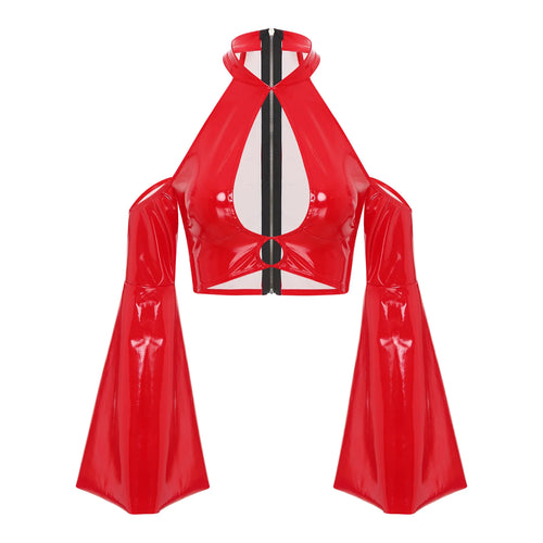 Womens Glossy Front Hollow Out Tops PU Leather Latex Crop Tops Halter