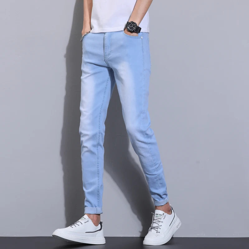 2024 Men's Autumn New High Elastic Jeans Sky Blue Fashion Slim Fit
