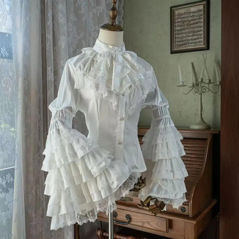 2025 Japanese Lolita Blouse White - Cute Puff Sleeve Shirt with Lace