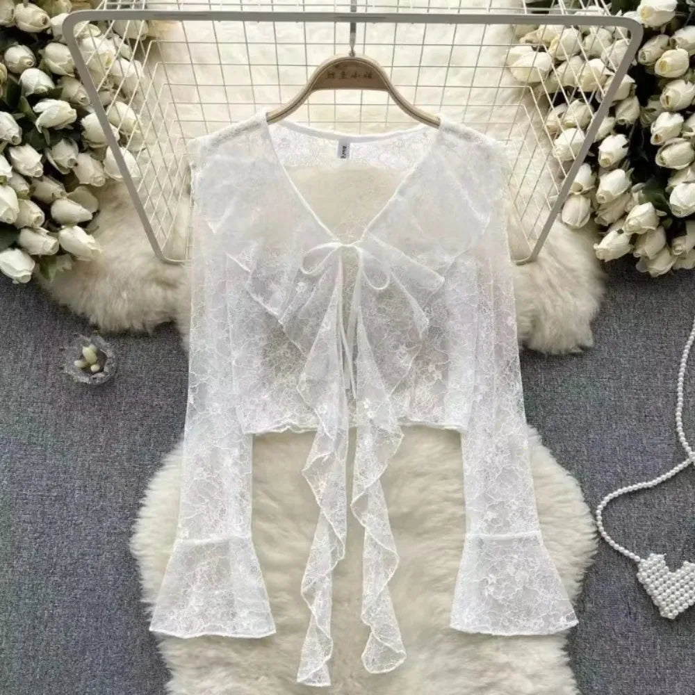 Summer Sweet Women Sun Protection Blouse Fashionable Bell Sleeve Lace