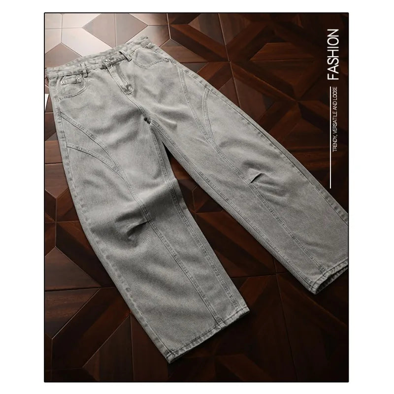 Spring American Curved Washed Loose Wide Leg Jeans Vintage Street