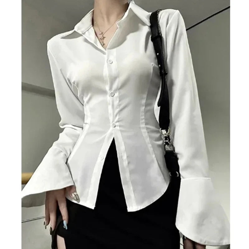 Women White Bandage Shirts Korean Sexy Slim Flare Long Sleeve Female
