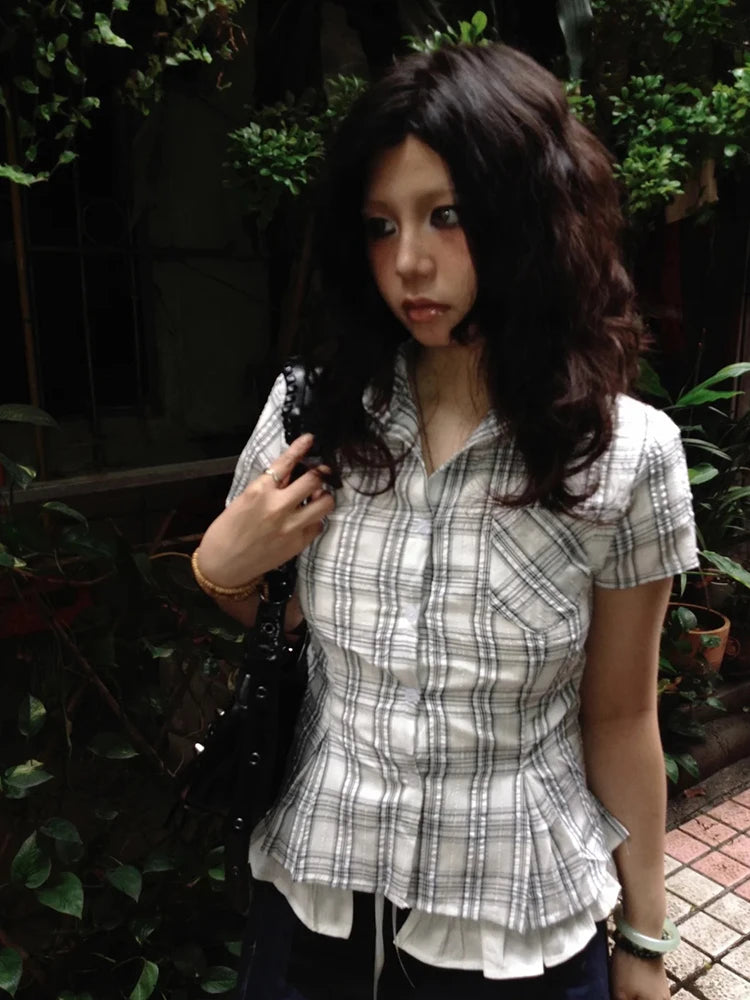 Genayooa Y2k Japanese Shirt Women Slim Short Sleeve Plaid Tee Tops