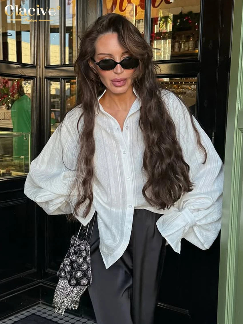 Clacive Fashion Loose White Cotton Women's Shirt 2025 Casual Lapel