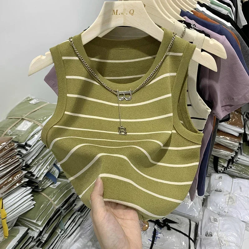 Women Tank Top & Camis New Basic Bottoming Striped Chain Elasticity