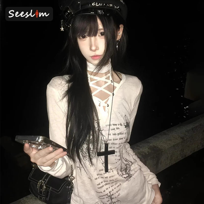 Seeslim Chic Print Graphic T Shirts Woman Lace Up Youthful 2000s