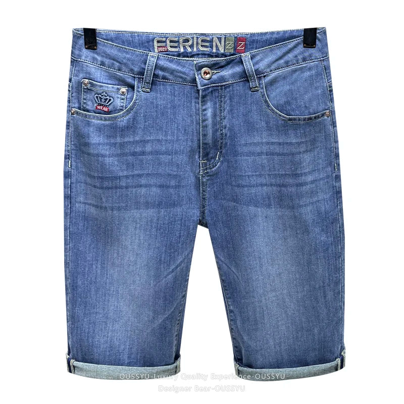 Brand Clothing Men's Denim Shorts Summer Thin Elastic Straight Leg