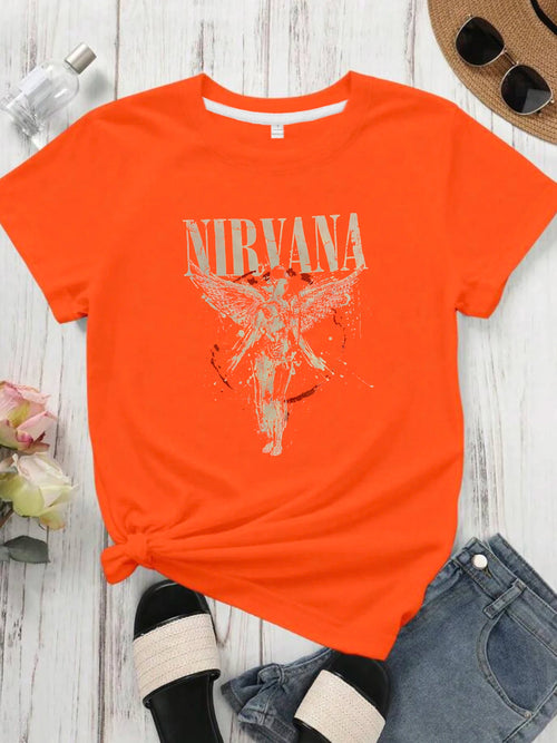 【0933】  Letters and angels Round neck women's T-shirt short sleeves