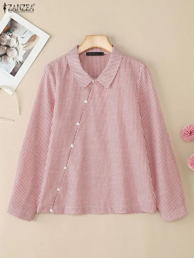 Fashion Autumn Stripe Blouse ZANZEA Women Shirt Elegant Lapel Neck