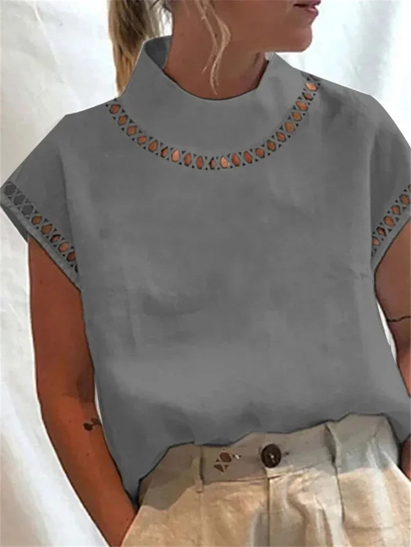 Women Turtleneck Hollow Out Splice Pullover Shirt Summer Solid Color