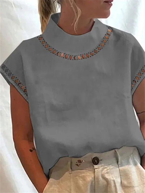 Women Turtleneck Hollow Out Splice Pullover Shirt Summer Solid Color