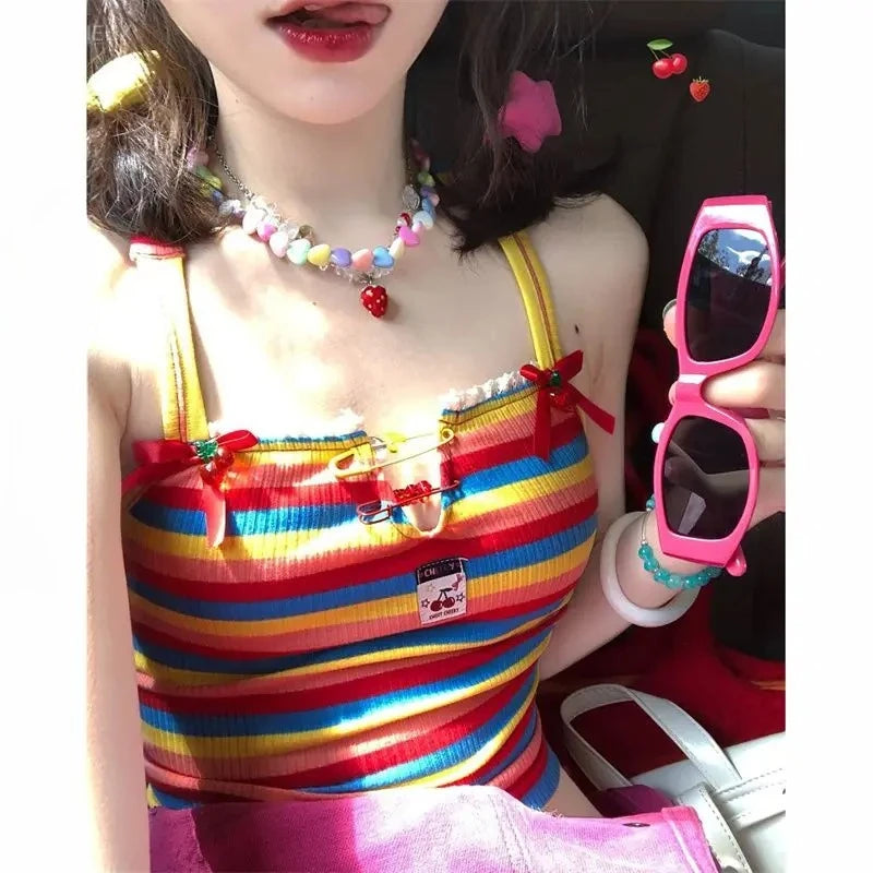 Sweet Rainbow Stripes Vest Women Clothing Chic Cute Korean Camis Y2k