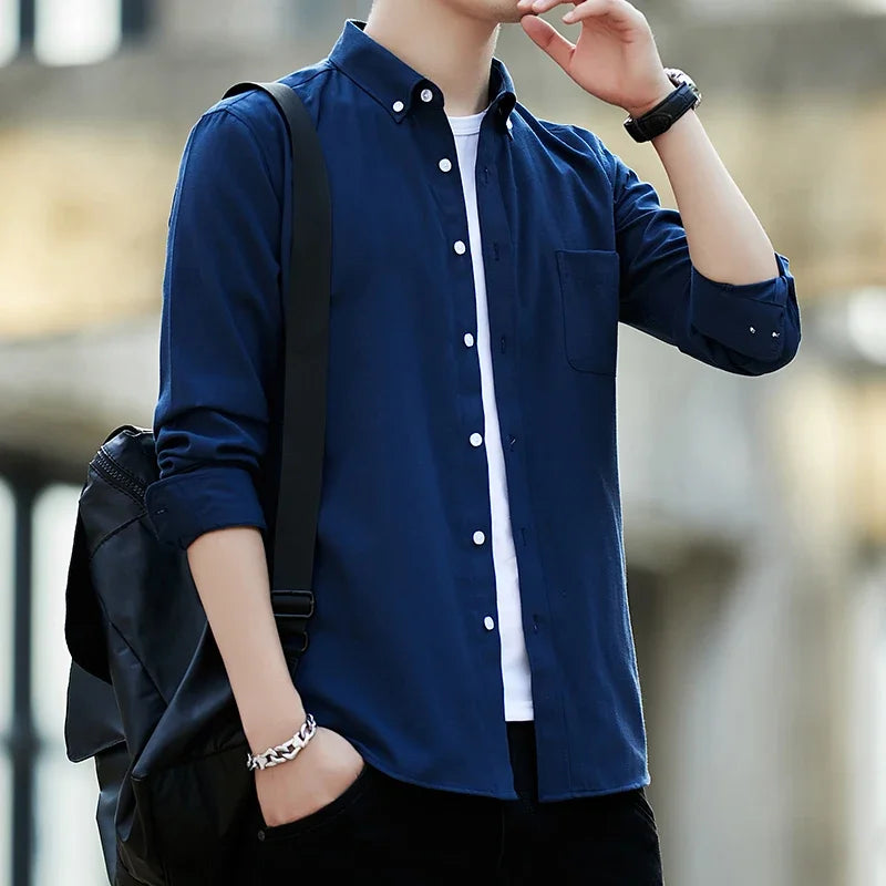 Autumn New Long Sleeve Solid Shirts for Men Casual Turn-down Collar