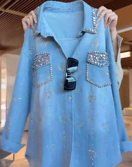 New In 2025 Autumn Trend Fashionable Diamonds Denim Shirts and Blouses
