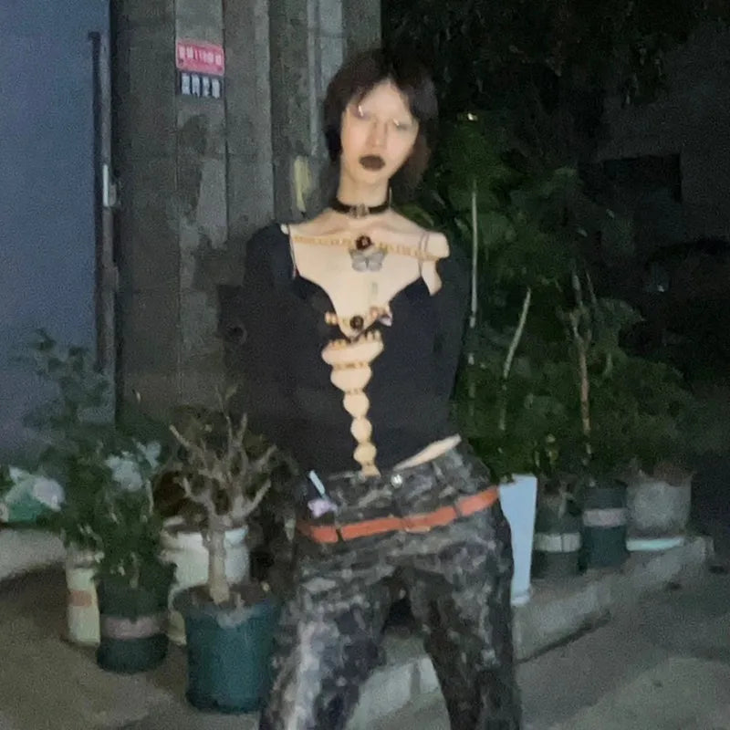 Karrram Japanese Y2k Hollow Out Tops Vintage Harajuku Beaded T Shirt
