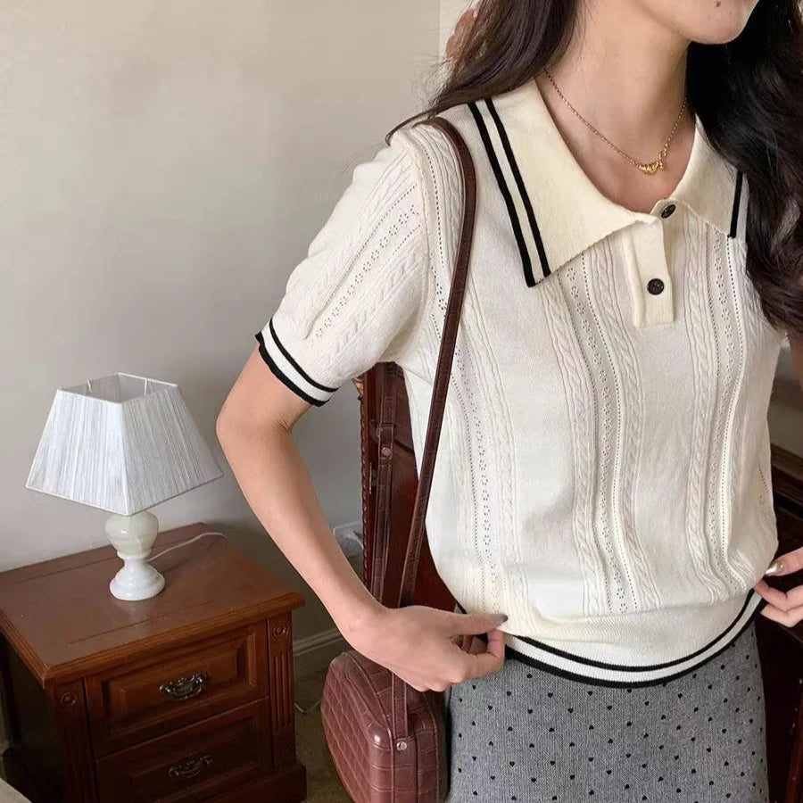 Short Sleeve Knit Polo Sweater Pointelle Cable Knit Crop Tops Shirts