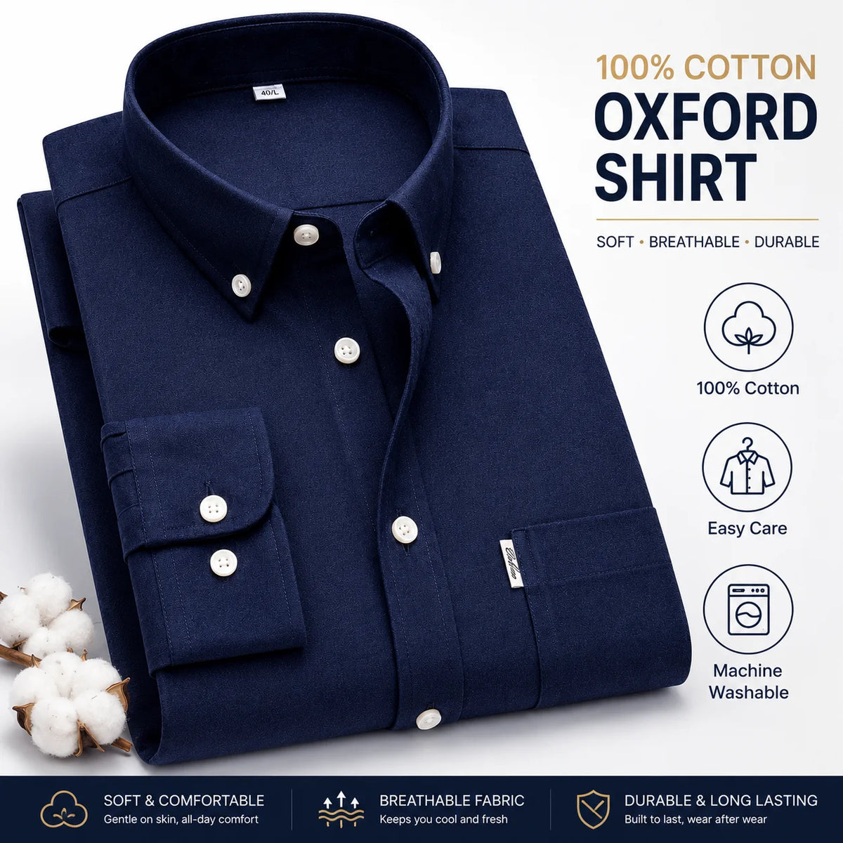 Men's 100% Pure Cotton Oxford Solid Long Sleeve Shirts Business Social