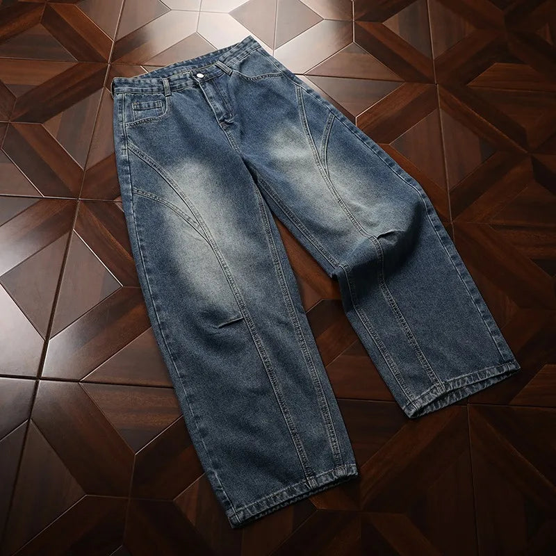 Spring American Curved Washed Loose Wide Leg Jeans Vintage Street