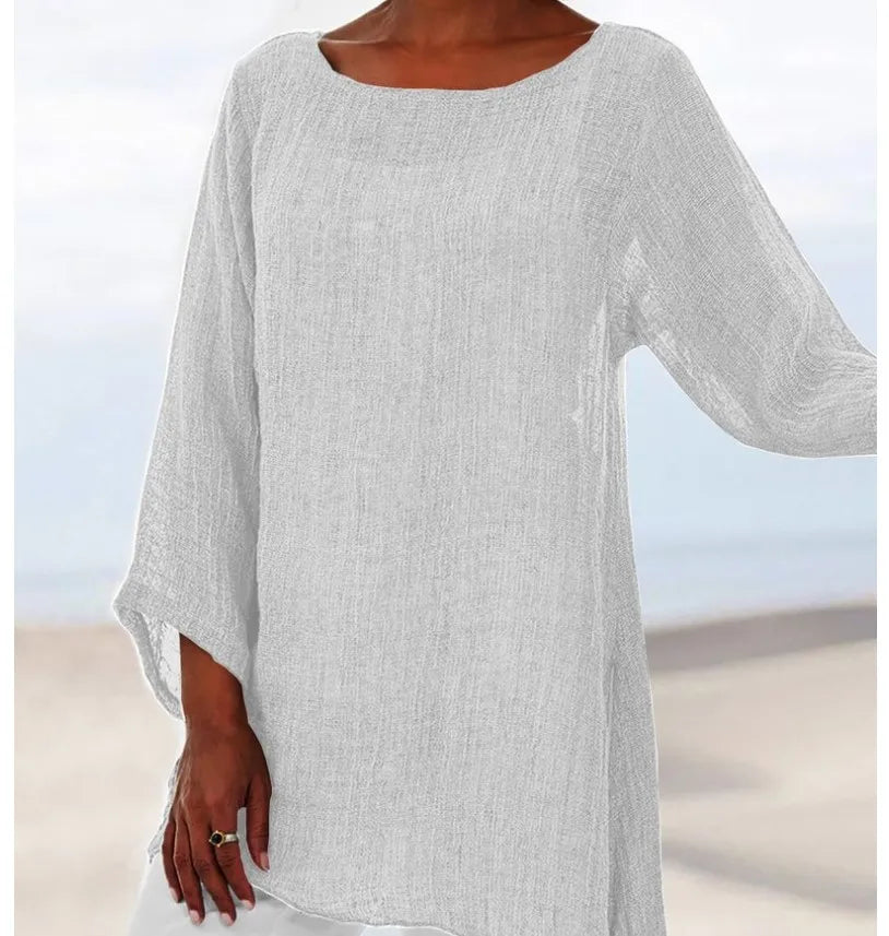 Hot Blouse Women Solid Color Cotton Linen O-Neck Long Sleeve Irregular