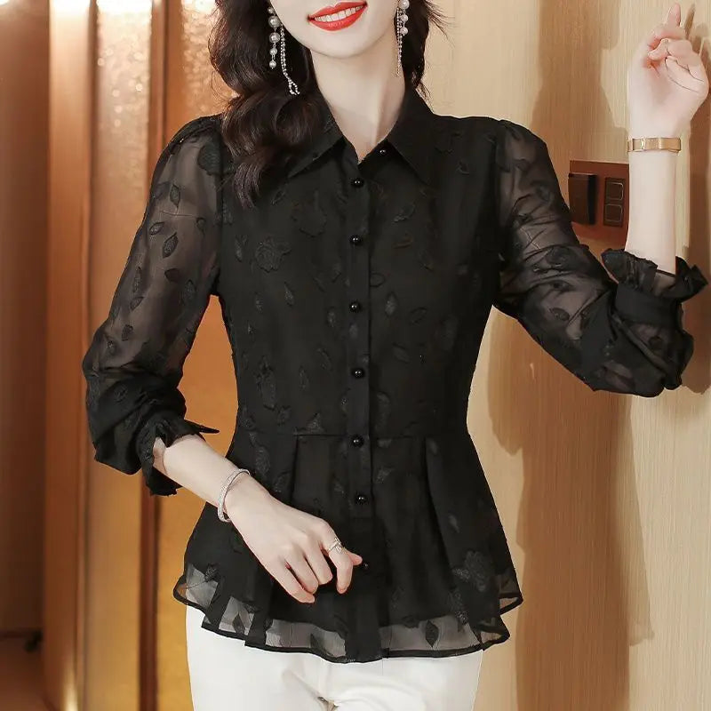 Elegant Floral Long Sleeve Chiffon Blouse Women's Autumn New