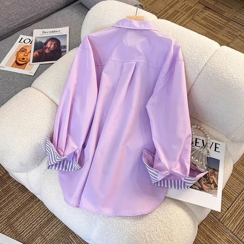 New In Clothing Top Turn-down Neck Purple Patchwork Striped Long