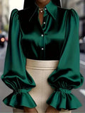 Elegant Satin Blouse with Ruffled Cuff Sleeves and Button-Down Collar
