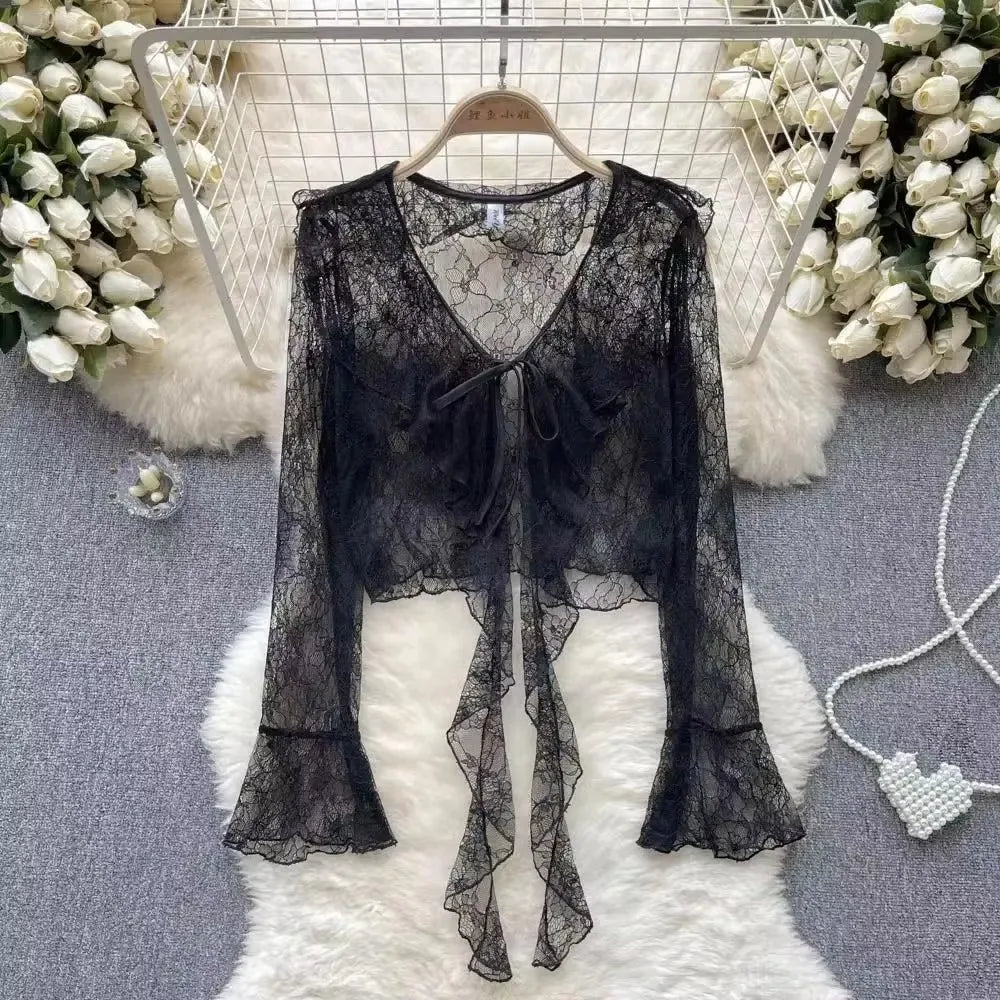 Women's Lace Cover UP Cardigan Cropped Tie Front Bell Sleeves Blouse