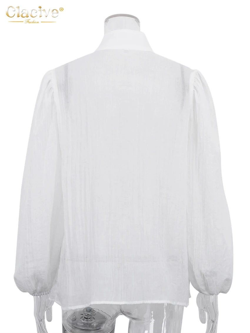 Clacive Fashion White Cotton Woman Blouse 2024 Elegant Stand Collar