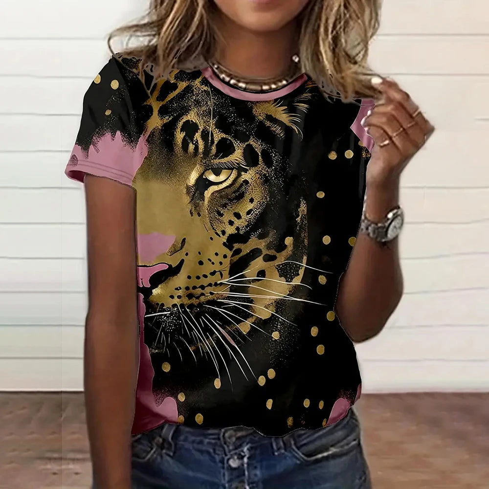 Women's Fashionable Short Sleeve T-Shirts 3d Leopard Print Top Tees