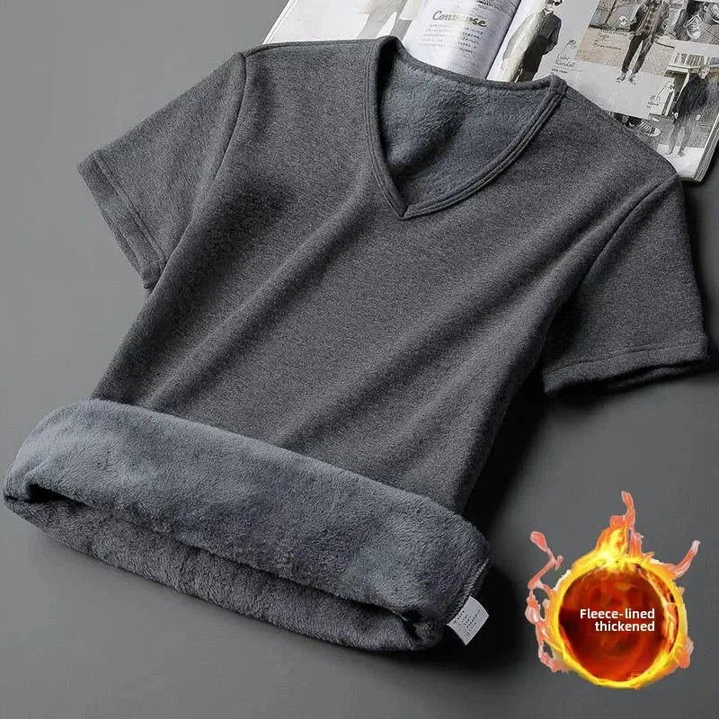 Men's Velvet Short Sleeve V-neck  T-shirt Base Shirt Autumn/Winter