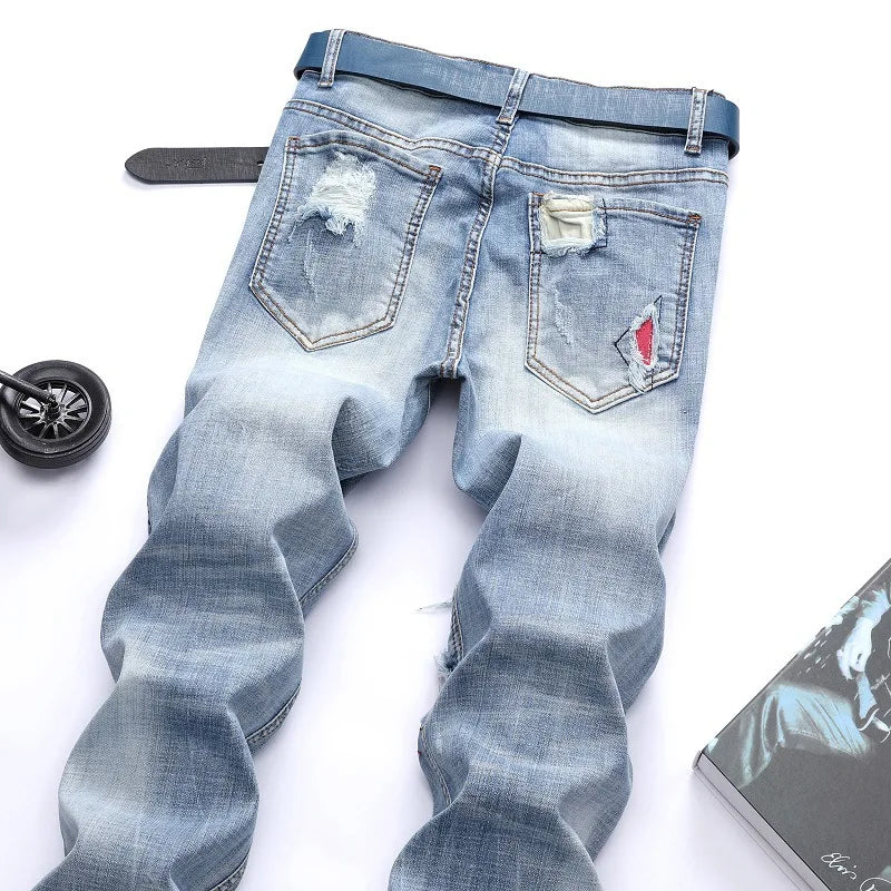 New Men's Personalized Ripped Jeans Light Blue Streetwear Stretch