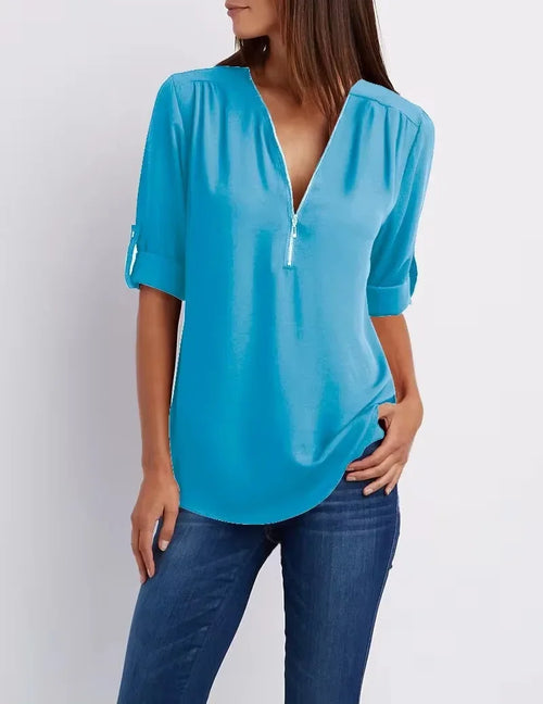 2024 Hot Sale Women Cool Loose Shirt Deep V Neck Chiffon Fashion