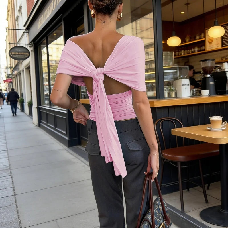 Womens Off The Shoulder Cinched Waist Wrap Top Y2k Ruched Tie Back