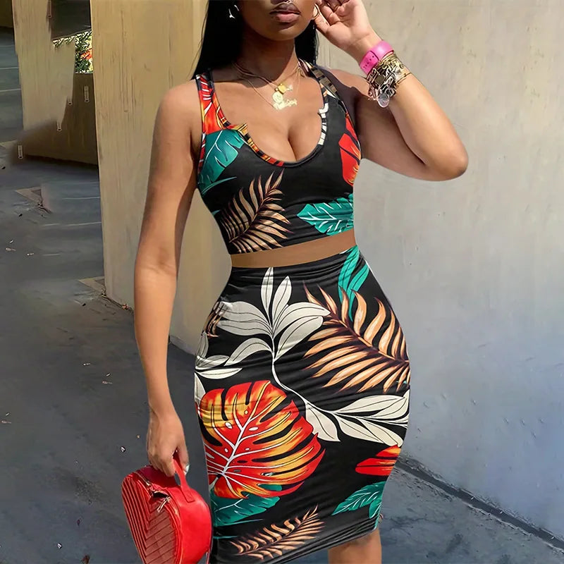 Print Slim Skirt Two Piece Set Women Sexy Low Cut Sleeveless Cropped