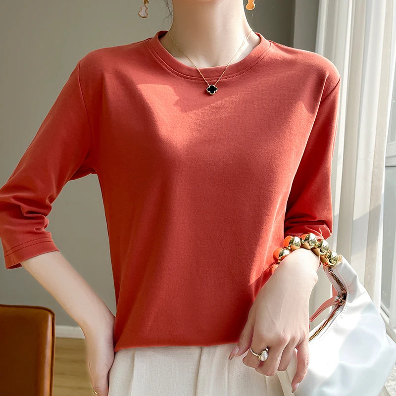 Summer Cotton Short-Sleeved T-Shirt Women's Round Neck Seven-Point