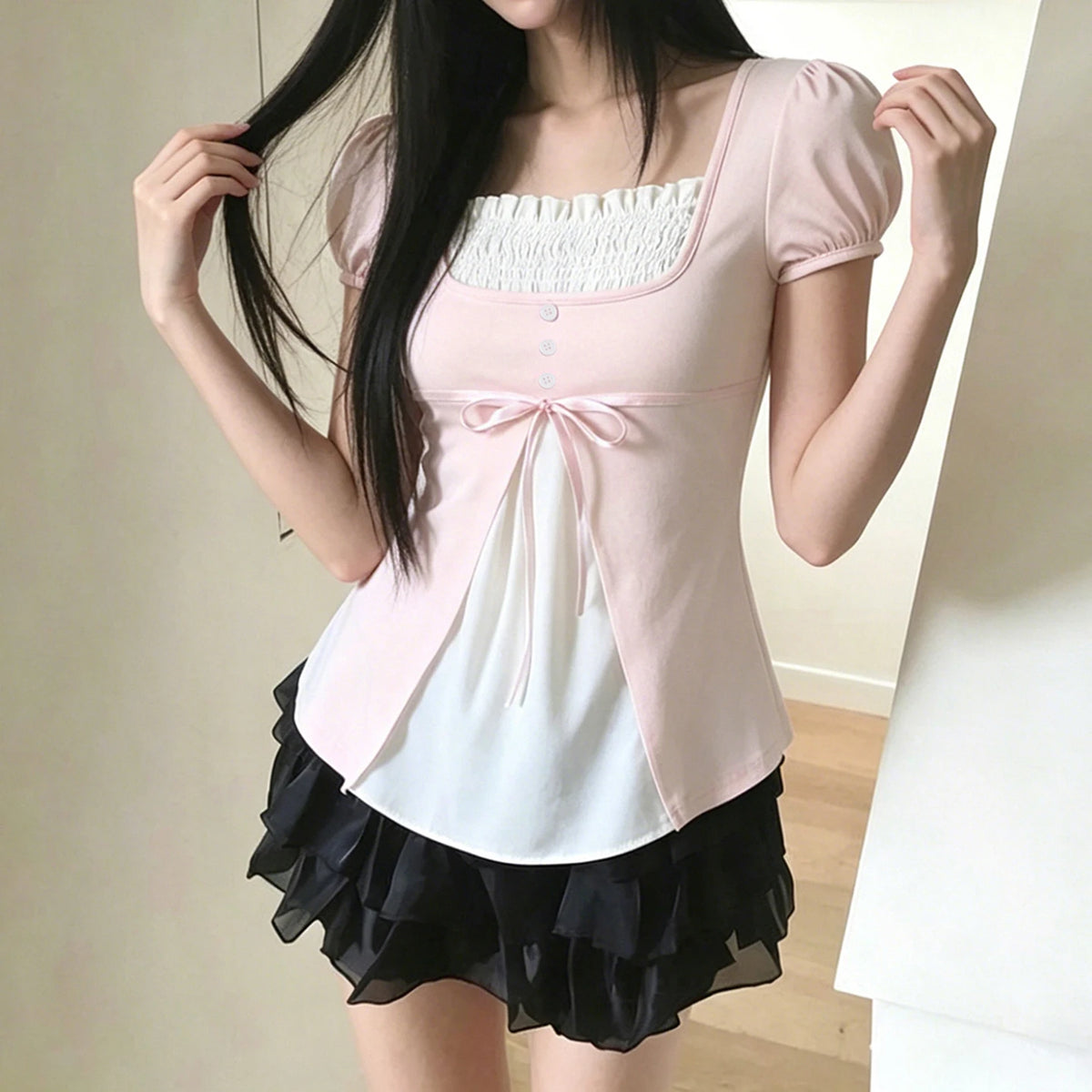 [RUOKE] Casual Y2K Contrast Color Top Women Spring Summer Square Neck