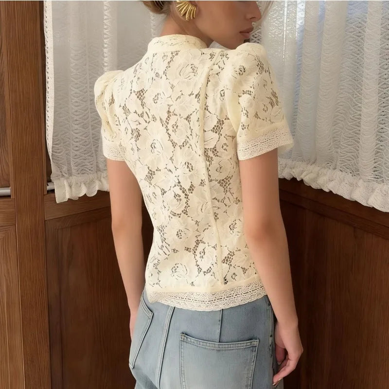 Tuularose Elegant Lace Blouse Women's Summer New Lace Patchwork Slim