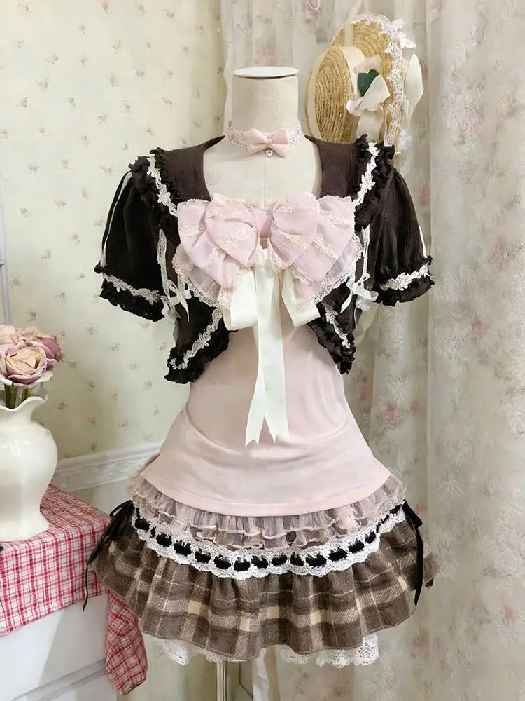 Japanese Sweet Three Piece Set Women Lace Bow Blouse + Cami Top +