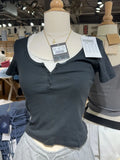 New Blue Three Buttons Slim Crop Top Summer O-neck Cotton Short Sleeve