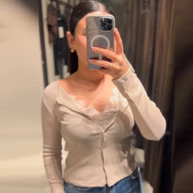 HXAO Cropped Lace Top Woman Blouses Autumn Grey Beige Shirts & Blouses